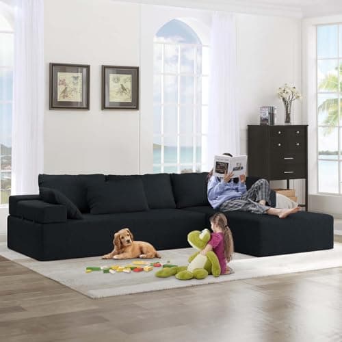 Modern Black L Shaped Sectional Sofa with 6 Pillows and Free Combination Sets