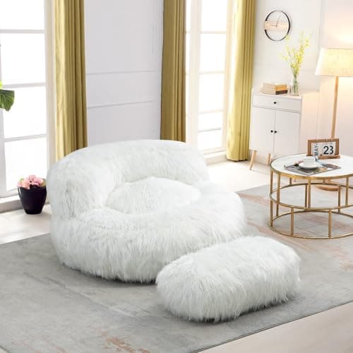 Modern Fluffy Beanbag Chair with Ottoman for Adults and Kids, Black
