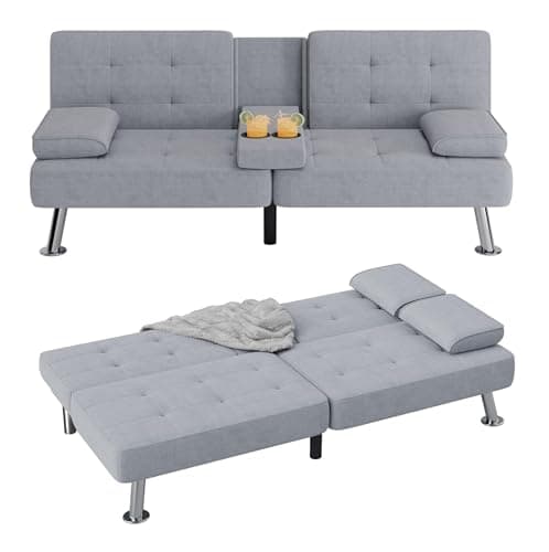 Flamaker Black PU Leather Modern Folding Futon Sofa Bed with Cup Holders
