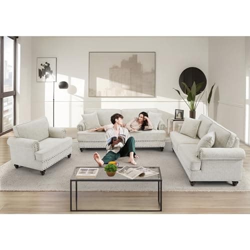 Mid-Century Modern Chenille Sofa Set with Arm Chair and 3 Seater Couch