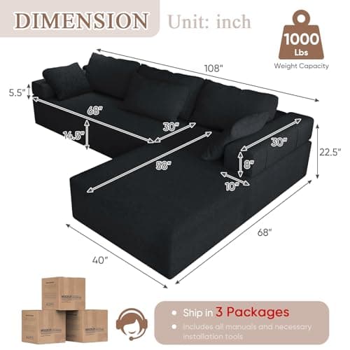 Modern Black L Shaped Sectional Sofa with 6 Pillows and Free Combination Sets