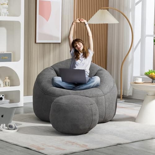 Modern Bean Bag Chair with Ottoman, Comfy Sofa Chair with High Pressure Foam - Beige