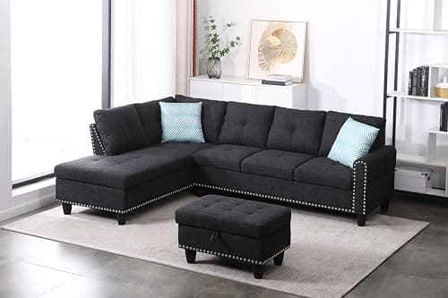 Faux Leather Sectional Sofa with Storage Ottoman for Living Room or Office