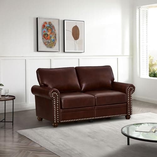 Comfy PU Leather Sofa with Storage Space & Solid Bun Feet, Small Modern Loveseat for Living Room Small Space, Bedroom, Red Brown