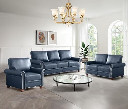 Antetek Upholstered Leather Sofa Set with Storage Space, Navy Blue
