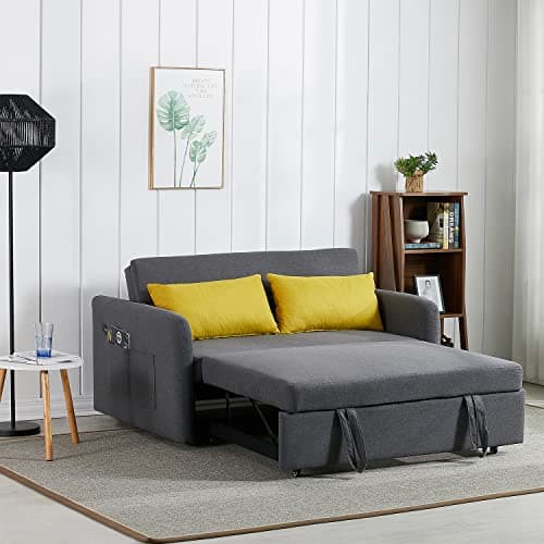 Antetek Convertible Sleeper Sofa Bed with 2 USB Port, 3 in 1 Modern Loveseat Couch with Pull-Out Bed, Small Love seat Sofa Bed with Adjustable Backrest & 2 Side Pockets (Grey)