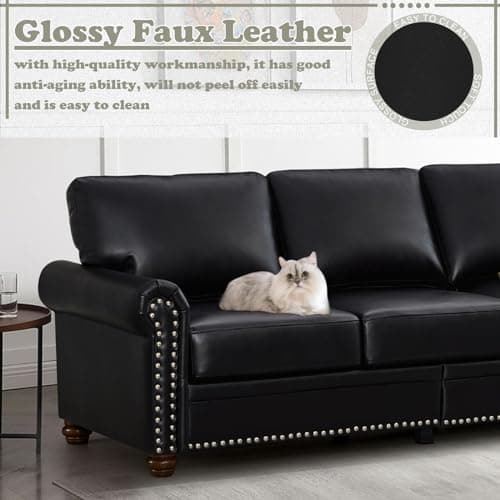 Comfy Upholstered Leather Sofa Set with Storage Space, Black