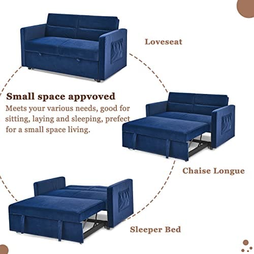Modern 3 in 1 Convertible Sleeper Sofa Bed, Loveseat Couch with Pull-Out Bed, Reclining Backrest & Side Pocket, Blue