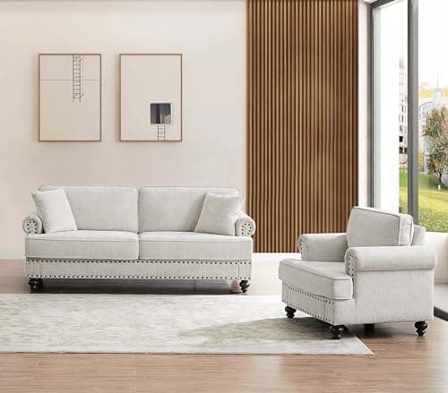 Mid-Century Modern Chenille Sofa Set with Arm Chair and 3 Seater Couch