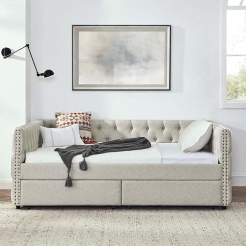 Antetek Upholstered Daybed with Drawers, Button Tufted Sofa Bed Frame, Beige