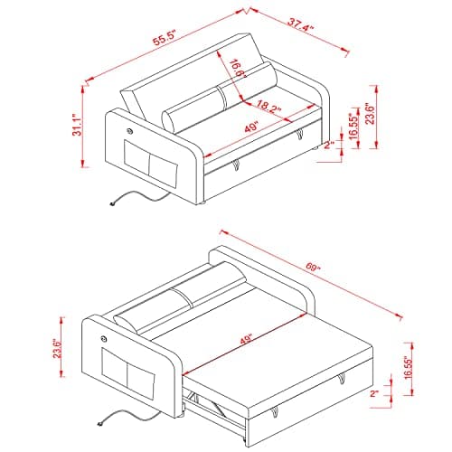 Antetek Convertible Sleeper Sofa Bed with 2 USB Port, 3 in 1 Modern Loveseat Couch with Pull-Out Bed, Small Love seat Sofa Bed with Adjustable Backrest & 2 Side Pockets (Grey)