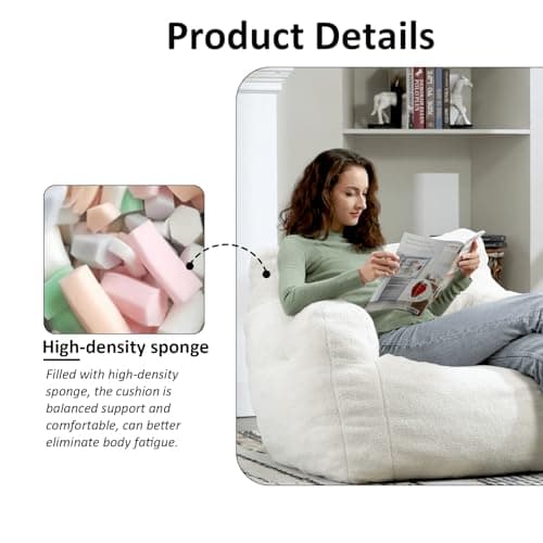 Bean Bag Chairs for Adults and Kids: Fluffy Memory Sponge Sofa with Armrests (White)