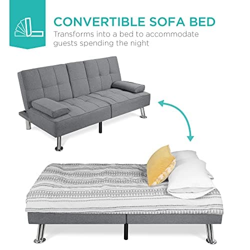Best Choice Products Gray Linen Modern Folding Futon Reclining Sofa Bed for Apartment/Dorm