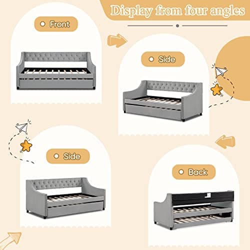 Modern Grey Velvet Upholstered Twin Daybed with Trundle - No Box Spring Needed
