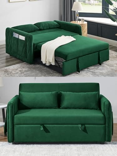 Modern Velvet 3-in-1 Sleeper Sofa Bed Love Seat with Reclining Backrest, Pillows, Pockets for Living Room Apartment