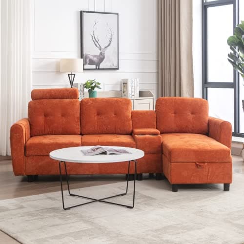 Velvet L-Shape Sectional Sofa with Storage and Cup Holders