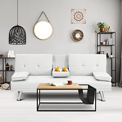 Modern Futon Sofa Bed with Adjustable Positions and Cup Holder - White