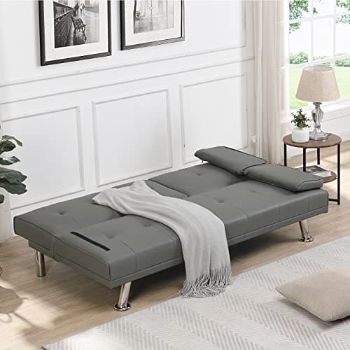 Antetek Modern Convertible Faux Leather Futon Sofa Bed with Cup Holder – Grey