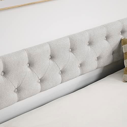 Antetek Full Size Linen Upholstered Daybed with Trundle – Modern Button-Tufted Sofa Frame for Bedroom or Living Room (Beige)