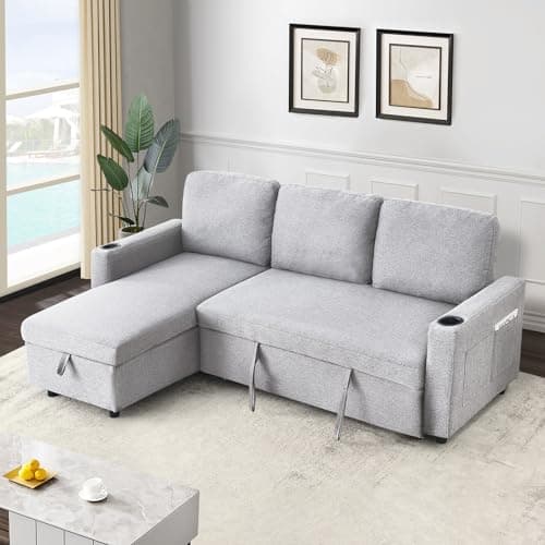 Antetek Reversible L-Shaped Sofa Bed with Storage and Pull-Out Bed for Small Spaces, Light Grey