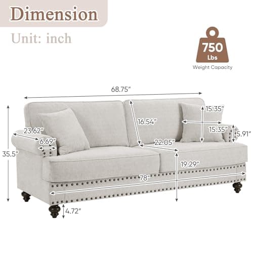 Antetek Chenille Sofa Couch, Mid-Century Modern 3-Seater Sofa with Bun Feet, Beige