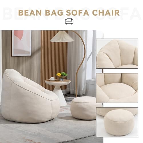 Modern Bean Bag Chair with Ottoman, Comfy Sofa Chair with High Pressure Foam - Beige