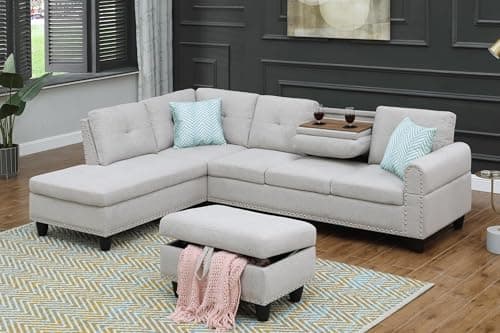 Faux Leather Sectional Sofa with Storage Ottoman for Living Room or Office