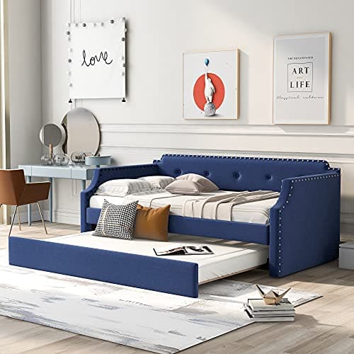 Upholstered Daybed with Trundle and Wood Slat Support, Gray