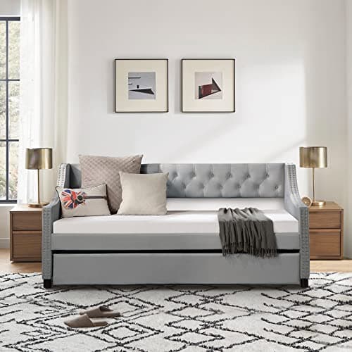 Modern Grey Velvet Upholstered Twin Daybed with Trundle - No Box Spring Needed