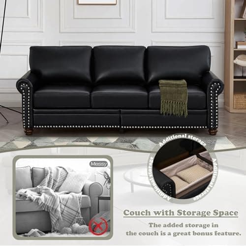 Comfy Upholstered Leather Sofa Set with Storage Space, Black