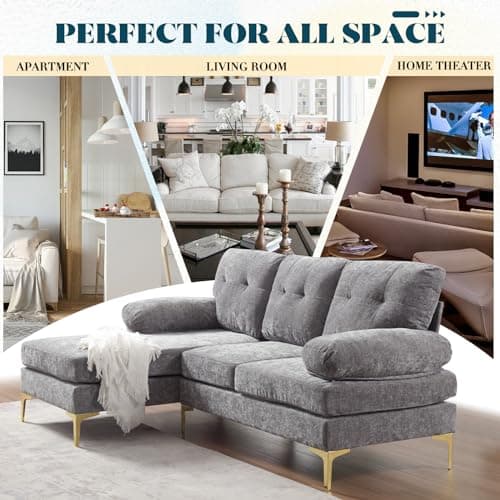 Antetek 80.7 L Shaped Chenille Sectional Sofa with Chaise Lounge, Modern Cloud Couch for Small Spaces in Grey