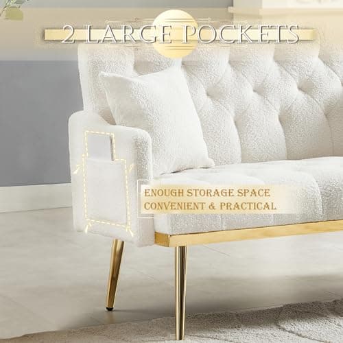Modern Small Upholstered Loveseat Sofa with Side Pocket and Golden Metal Legs, Cream White Teddy