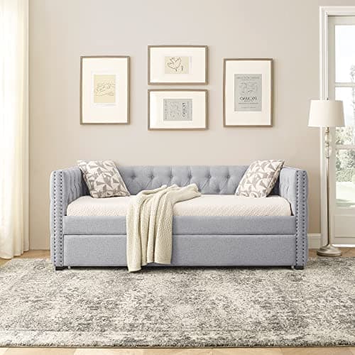 Twin Size Daybed with Trundle, Upholstered Sofa Bed Frame, Grey Linen