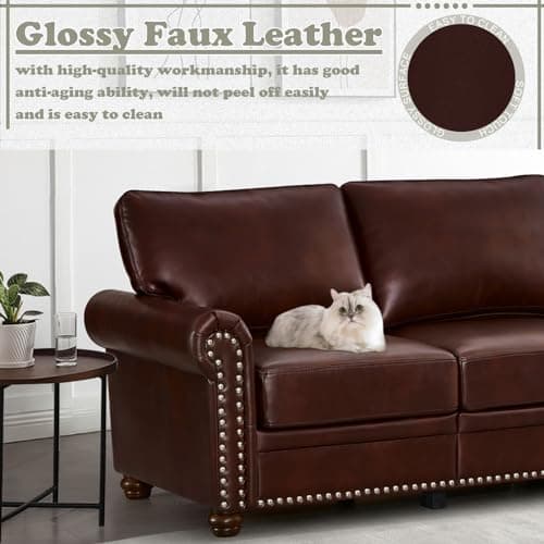 Comfy PU Leather Sofa with Storage Space & Solid Bun Feet, Small Modern Loveseat for Living Room Small Space, Bedroom, Red Brown