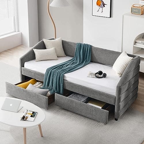 Modern Tufted Linen Daybed with Drawers - Grey Twin Size
