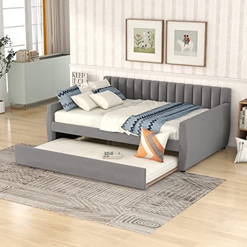 Upholstered Daybed with Trundle and Wood Slat Support, Gray
