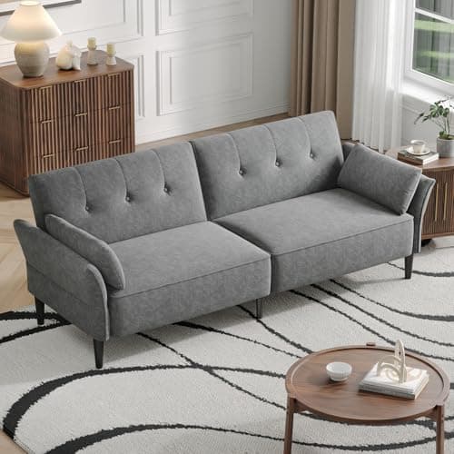 Modern 89 Velvet Futon Sofa Bed with Pillows - Beige Color