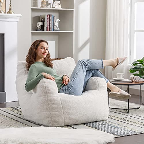 Modern Teddy Fabric Bean Bag Chairs for Adults & Kids, Ultra Soft Sofa Chair for Living Room, Bedroom - Ivory