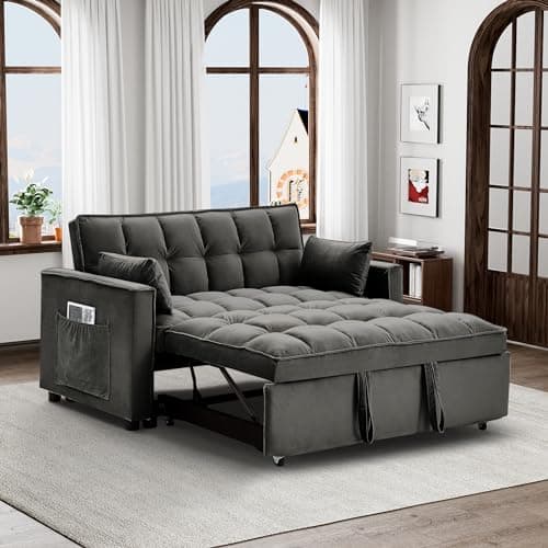 Convertible Sleeper Sofa Couch with Pullout Bed, Loveseat with Storage and Pillows, Modern Futon Couch Bed for RV, Living Room, Bedroom and Small Space in Black Teddy