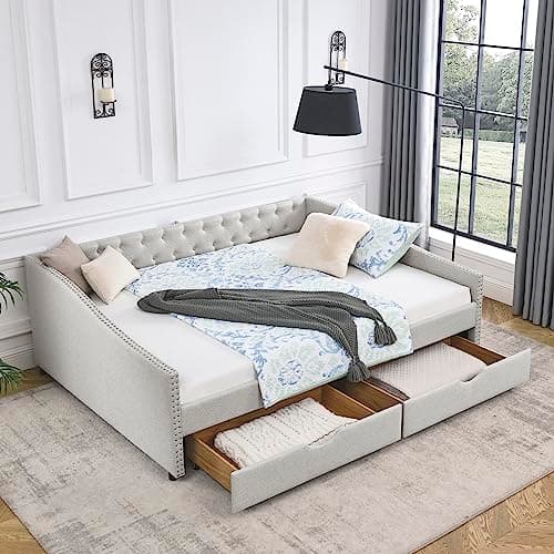 Upholstered Queen Size Daybed with Storage Drawers