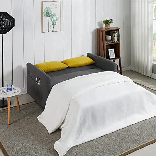 Antetek Convertible Sleeper Sofa Bed with 2 USB Port, 3 in 1 Modern Loveseat Couch with Pull-Out Bed, Small Love seat Sofa Bed with Adjustable Backrest & 2 Side Pockets (Grey)