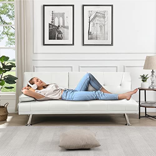 Modern Futon Sofa Bed with Adjustable Positions and Cup Holder - White