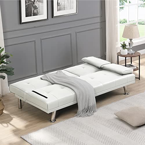 Modern Futon Sofa Bed with Adjustable Positions and Cup Holder - White
