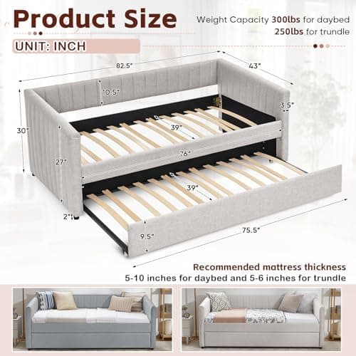 Modern Linen Fabric Upholstered Daybed with Trundle for Bedroom, Living Room, Guest Room