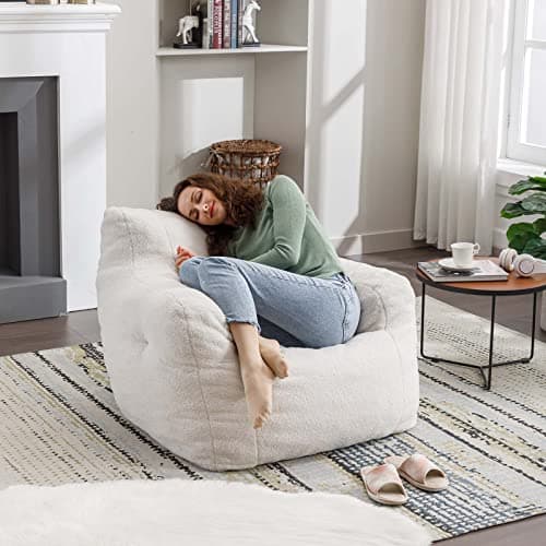 Modern Teddy Fabric Bean Bag Chairs for Adults & Kids, Ultra Soft Sofa Chair for Living Room, Bedroom - Ivory