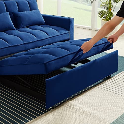 Antetek 3 in 1 Convertible Sleeper Sofa Bed, Blue Velvet Loveseat Futon Couch