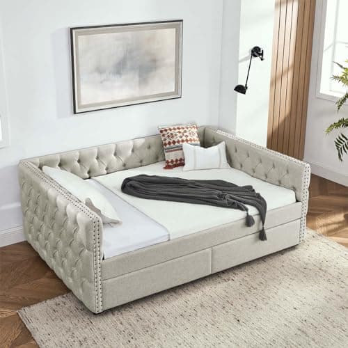Antetek Upholstered Daybed with Drawers, Button Tufted Sofa Bed Frame, Beige