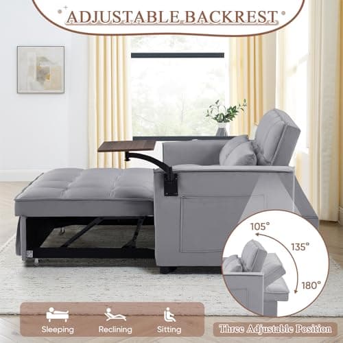Antetek 3-in-1 Convertible Sofa Bed with Rotating Side Table, 53 Velvet Loveseat for Living Room, Office, and Small Spaces - Grey