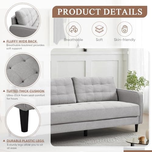 Antetek 74 inch Modern Linen Tufted 3 Seater Sofa Couch, Comfy Oversized Loveseat for Living Room, Bedroom, Office - Light Grey