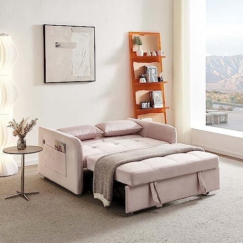 3-in-1 Sleeper Sofa Bed with USB Port, Modern Velvet Pull Out Futon Couch, Small Loveseat Sofa
